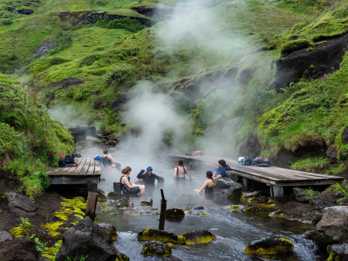Hikers relaxing in a steaming natural stream lined with green volcanic slopes and timber decking