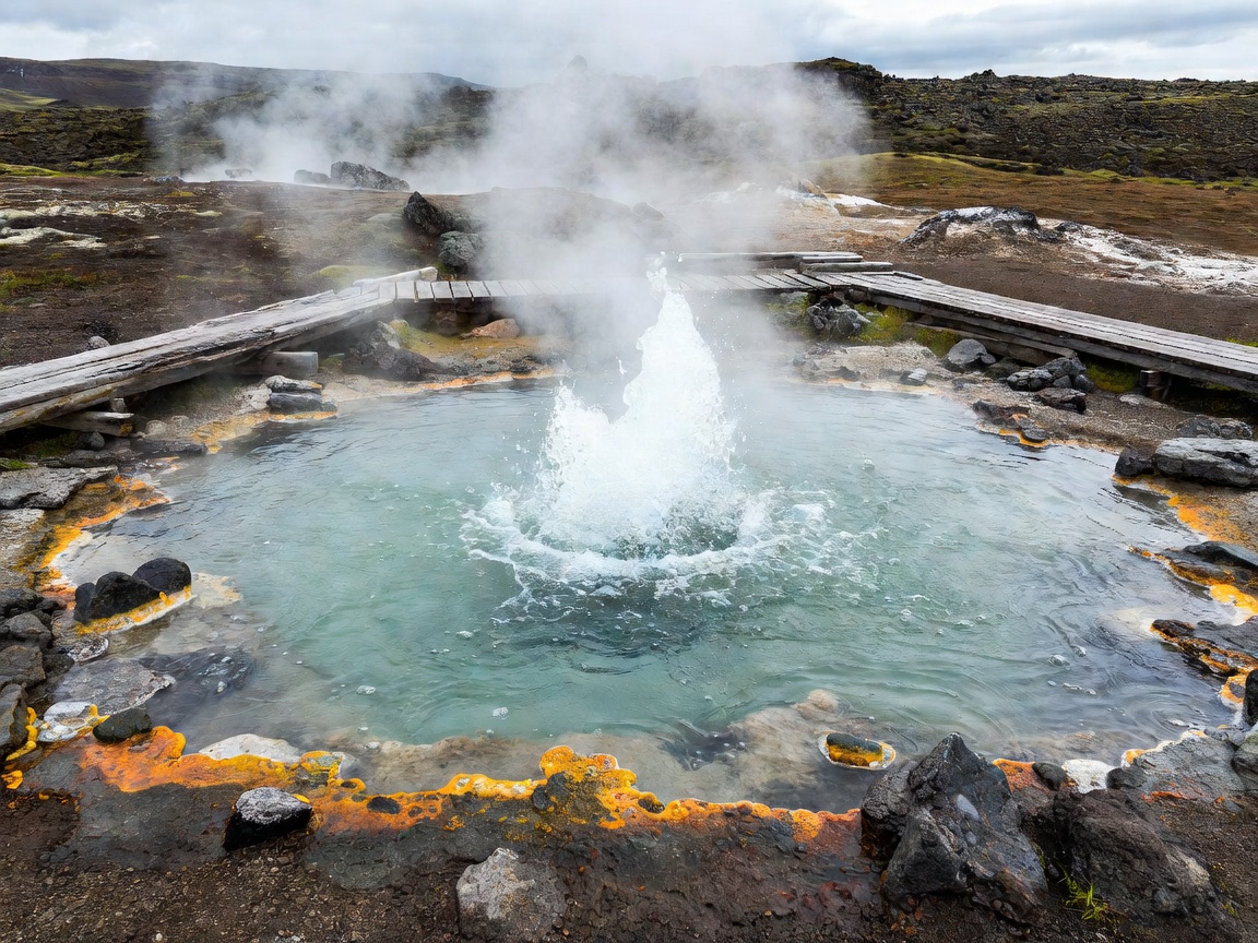Historic steaming thermal pool with natural active bubbling geyser in Flúðir
