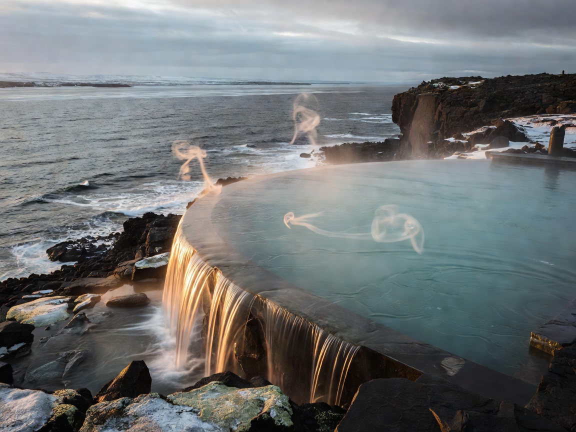 Infinity edge warm mineral pool overlooking the cold waters of Faxaflói Bay