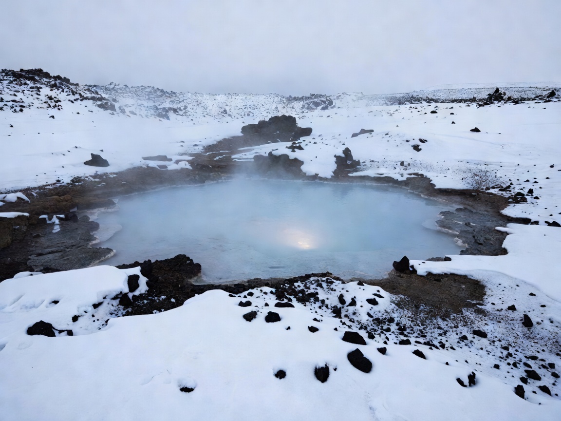 Milky blue thermal pool surrounded by snow and dark volcanic scree in North Iceland