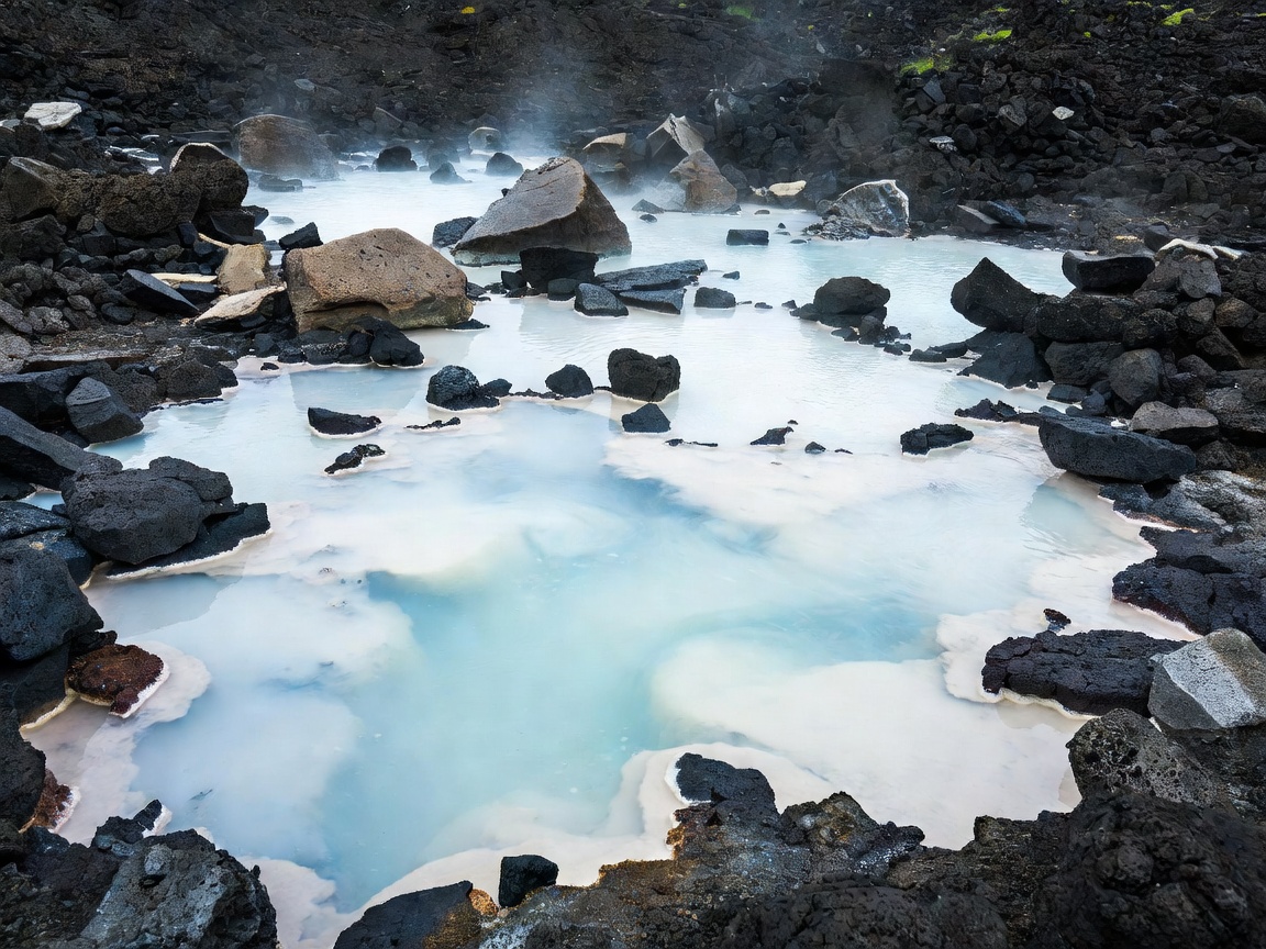 Milky white and aquamarine geothermal waters amidst black volcanic basalt rocks