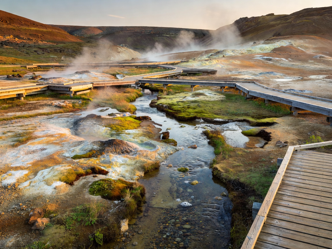 Natural stream running through a geothermal valley with wooden boardwalks