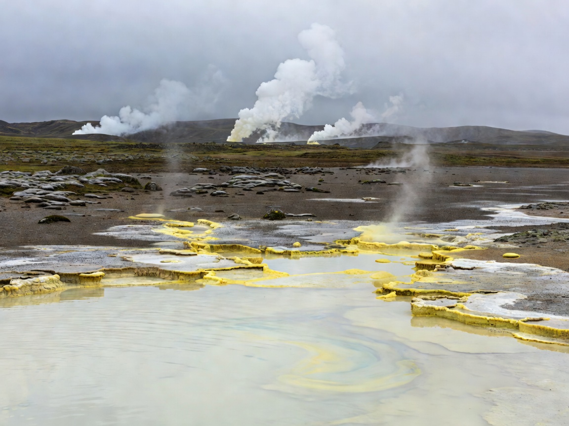Northern Iceland alkaline sulfur lagoon with steam vents in the distance
