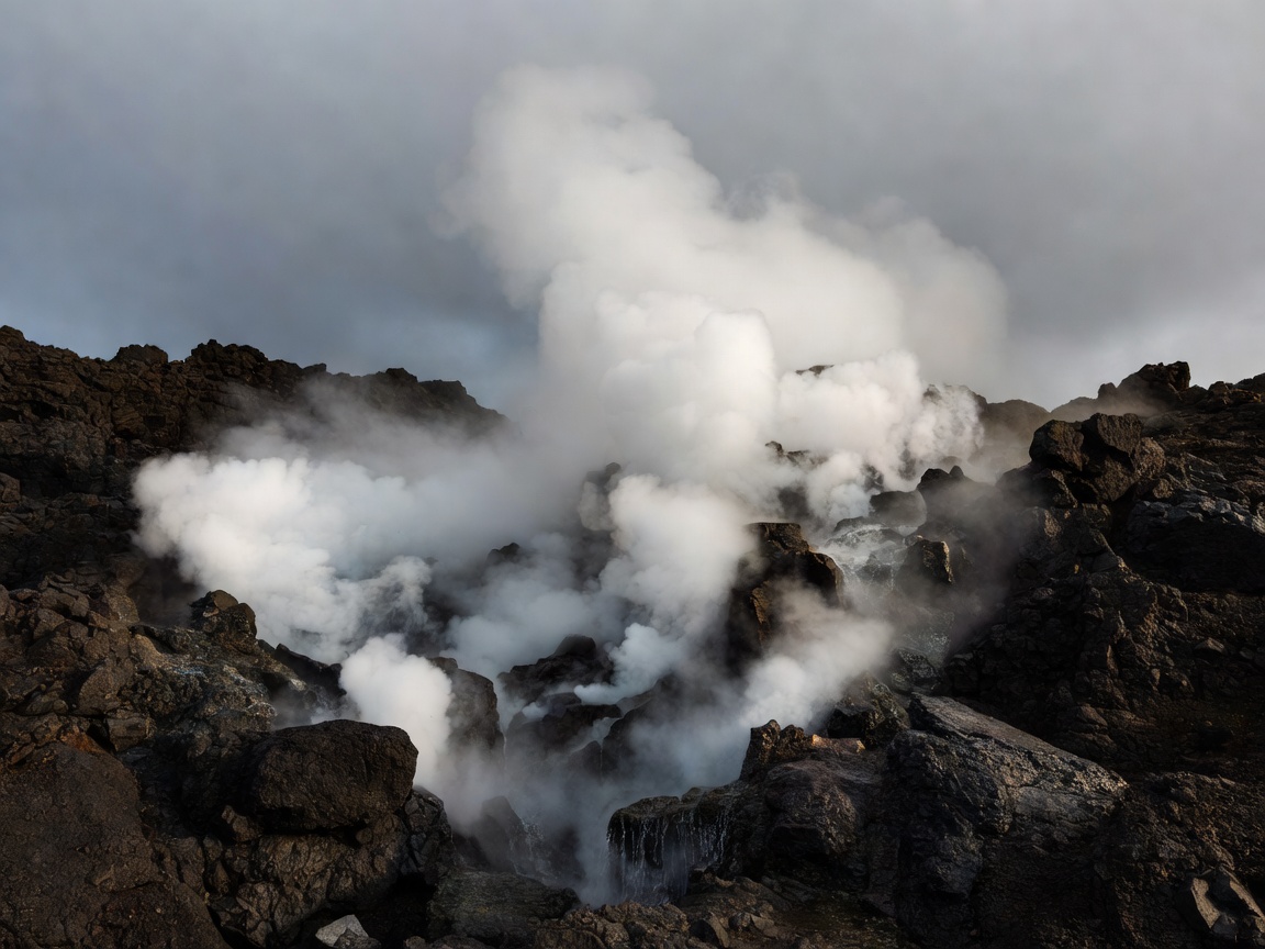 Rising geothermal vapor above dark basalt volcanic rocks in Iceland