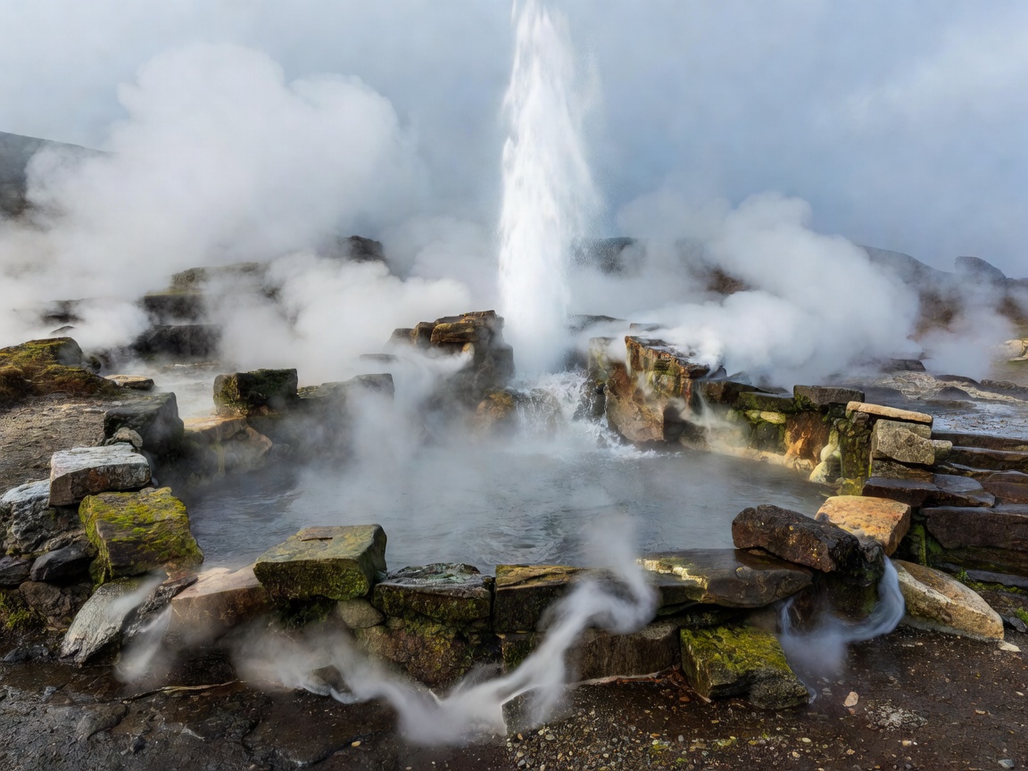 Steam rising from an antique stone-edged pool with natural spouting geyser behind